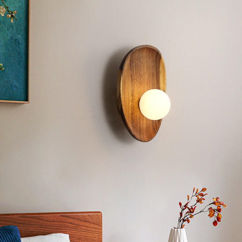 Japanese Walnut Glass Ball Lampshade LED Wall Sconce Lamp