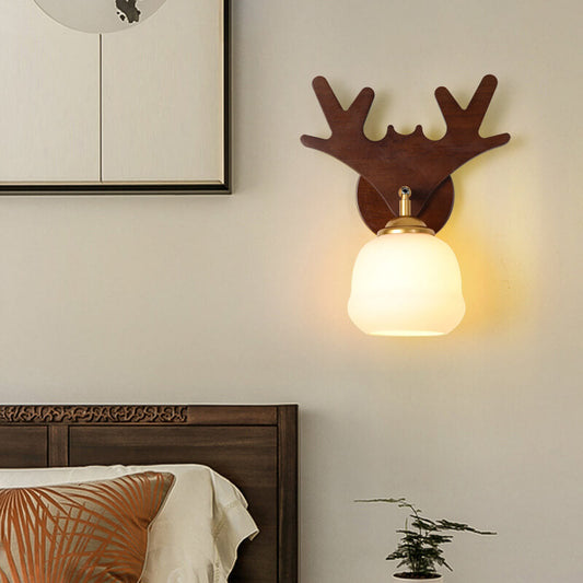 Chinese Deer Head Glass Shade 1-Light Wall Sconce Lamp