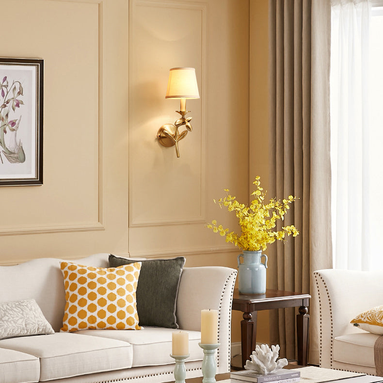 Gold Finish Frame Fabric Shade 1-Light Wall Sconce Lamp