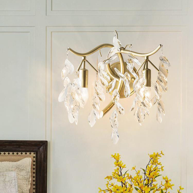 French Leaf Iron Copper Crystal 2-Light Wall Sconce Lamp