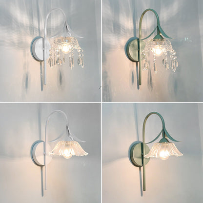 Iron Flower Glass Shade Crystal 1-Light Wall Sconce Lamp
