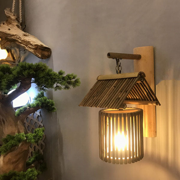 House Bamboo Weaving Cylinder 1-Light Wall Sconce Lamp
