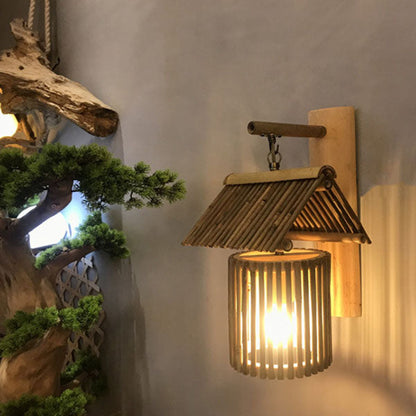 House Bamboo Weaving Cylinder 1-Light Wall Sconce Lamp