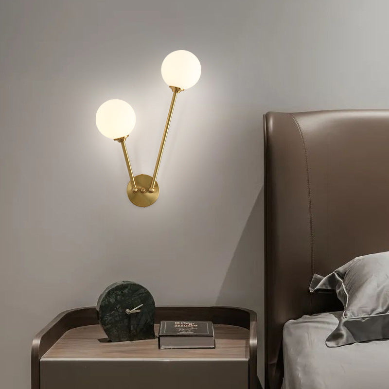 Nordic Copper Glass Ball V-Shaped 2-Light Wall Sconce Lamp
