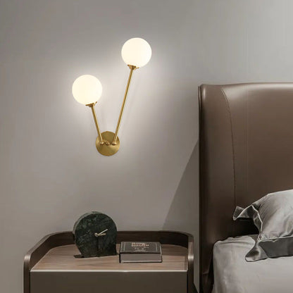 Nordic Copper Glass Ball V-Shaped 2-Light Wall Sconce Lamp