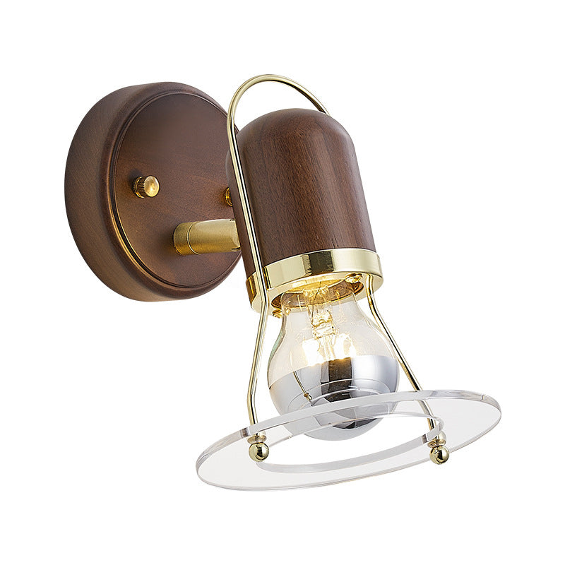 Walnut Acrylic Cylinder Round Disk 1-Light Wall Sconce Lamp