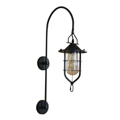 Iron Glass Cage Curved Arm 1-Light Wall Sconce Lamp