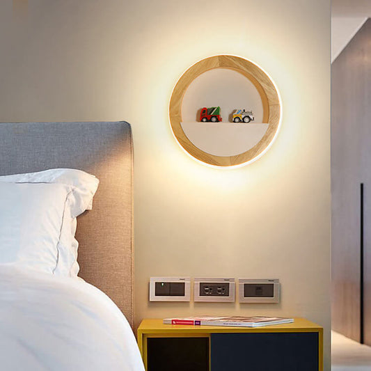 Japanese Round Rubber Wood Hardware LED Wall Sconce Lamp
