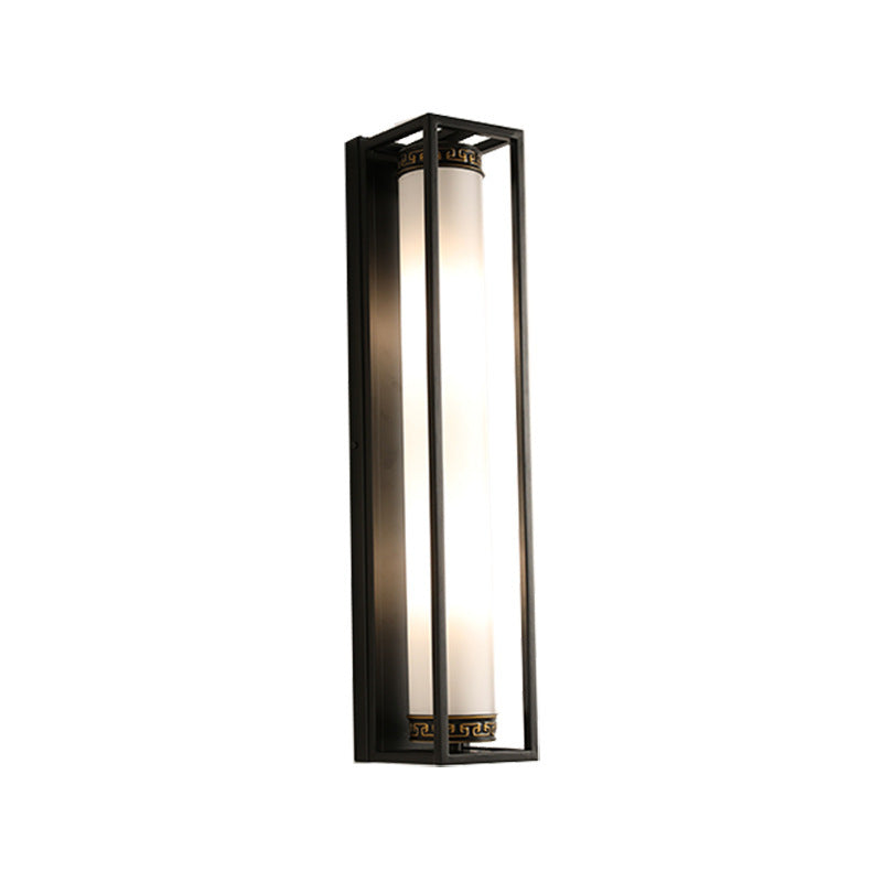 Chinese Glass Rectangular Cylinder 2-Light Wall Sconce Lamp