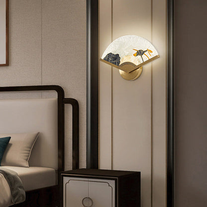 Chinese Glass Folding Fan Shaped Brass LED Wall Sconce Lamp