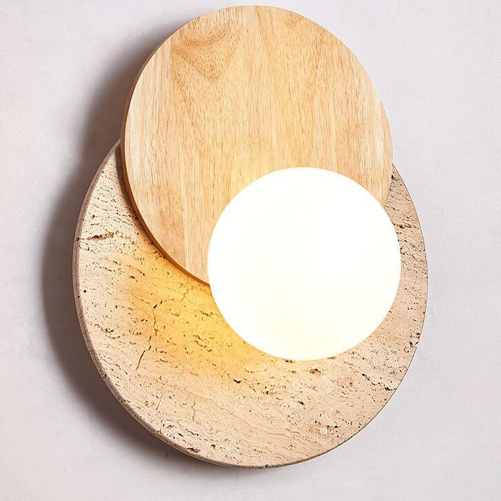 Modern Minimalist Round Wood Stone 1-Light Wall Sconce Lamp