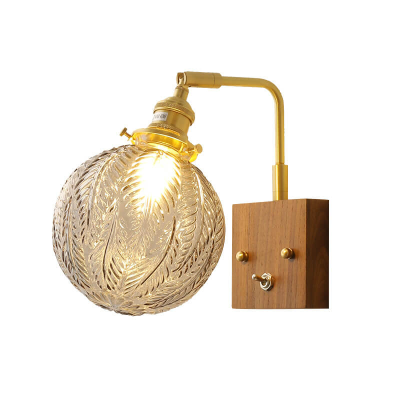 Japanese Round Ball Wood Brass 1-Light Wall Sconce Lamp