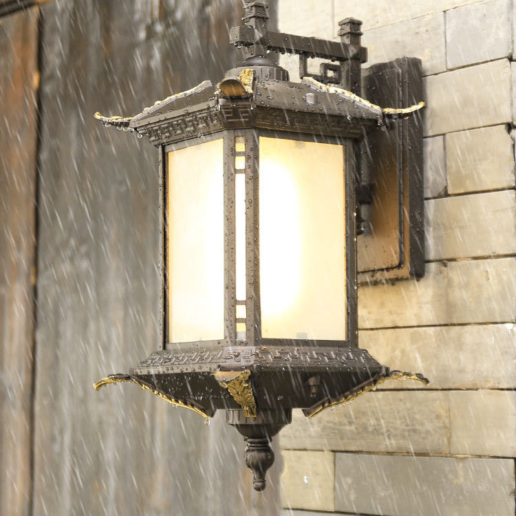 Chinese Rectangular Tower 1-Light Outdoor Wall Sconce Lamp