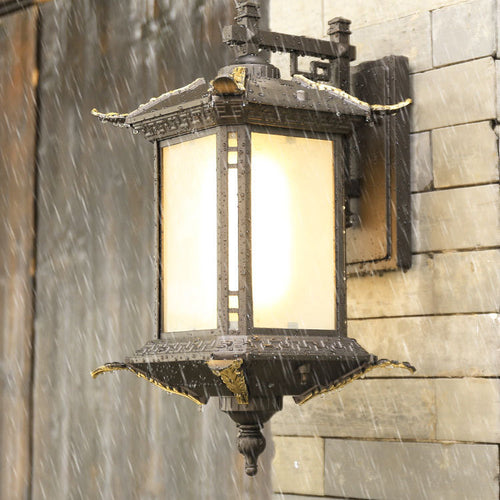 Chinese Rectangular Tower 1-Light Outdoor Wall Sconce Lamp