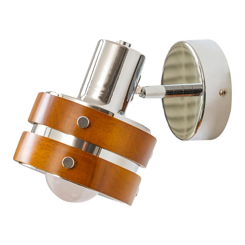Cylinder Disc Base Iron Wood 1-Light Wall Sconce Lamp