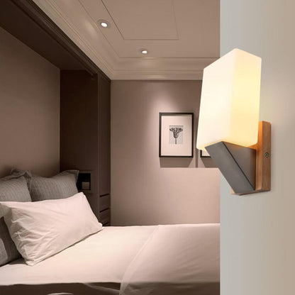 Square Glass Solid Wood Base 1-Light Wall Sconce Lamp