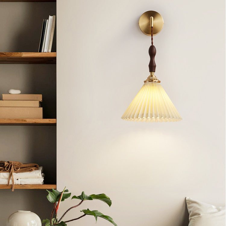 Japanese Ceramic Conic Pleated 1-Light Wall Sconce Lamp
