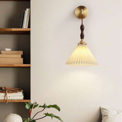 Japanese Ceramic Conic Pleated 1-Light Wall Sconce Lamp