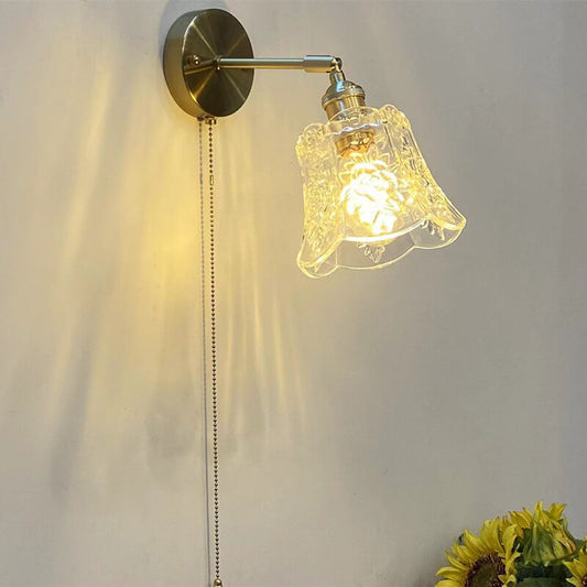 French Light Brass Glass Pull Wire 1-Light Wall Sconce Lamp