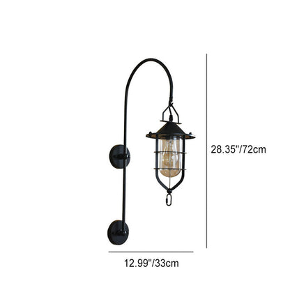Iron Glass Cage Curved Arm 1-Light Wall Sconce Lamp