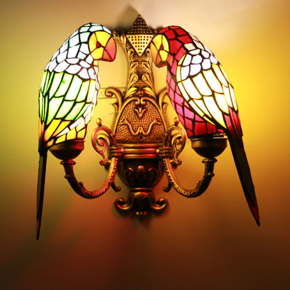 Tiffany Parrot Stained Glass 2-Light Wall Sconce Lamp