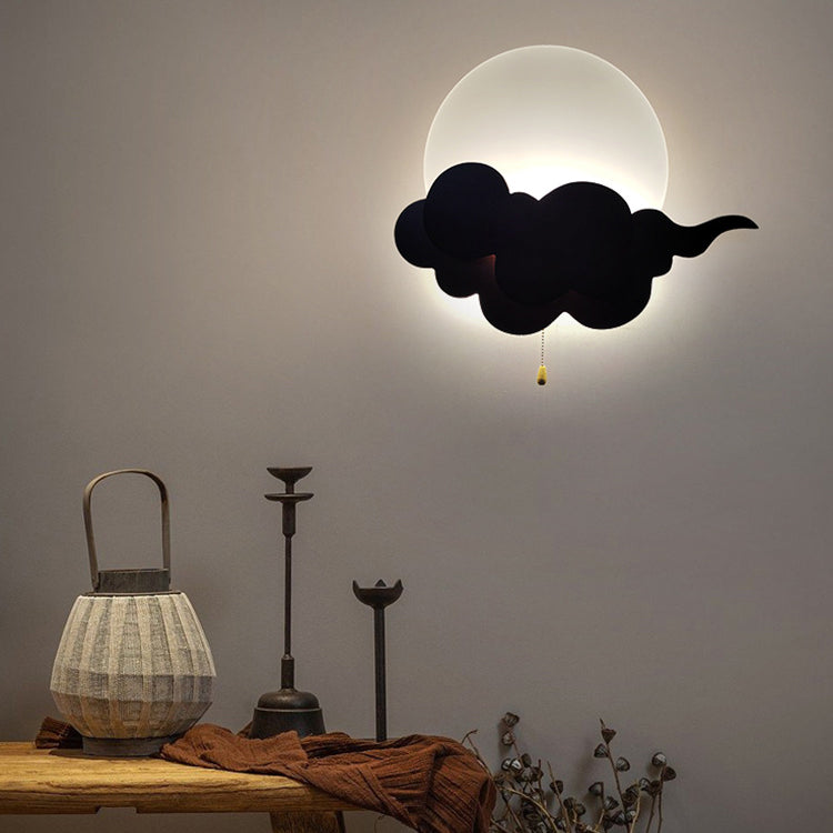 Chinese Round Cloudy Wood Acrylic LED Wall Sconce Lamp