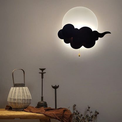 Chinese Round Cloudy Wood Acrylic LED Wall Sconce Lamp