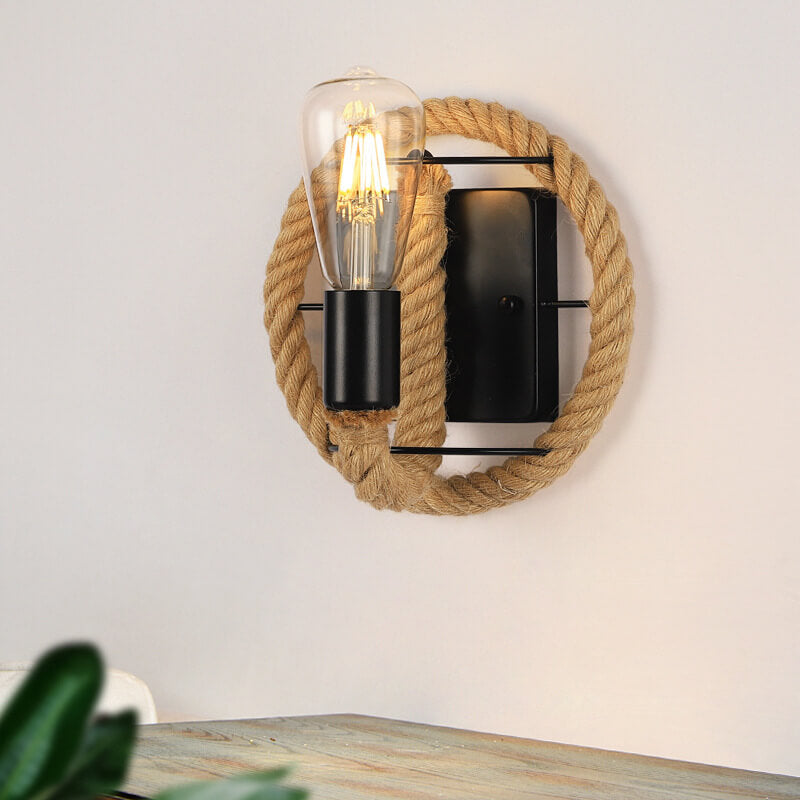 Vintage Twine Iron Round 1/2 Light Wall Sconce Lamp