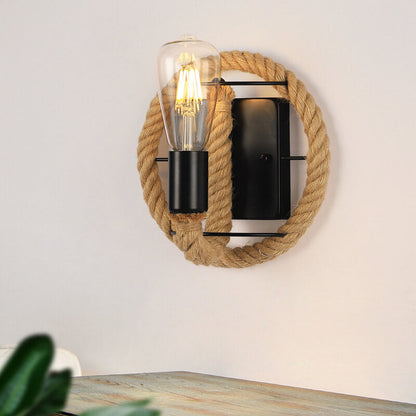 Vintage Twine Iron Round 1/2 Light Wall Sconce Lamp