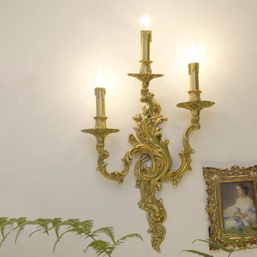 French Brass Candelabra Carved 2/3 Light Wall Sconce Lamp
