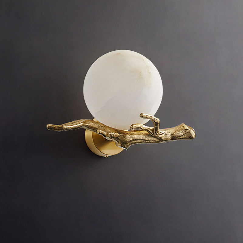 Chinese Twig Orb Brass Marble LED Wall Sconce Lamp
