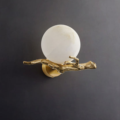 Chinese Twig Orb Brass Marble LED Wall Sconce Lamp