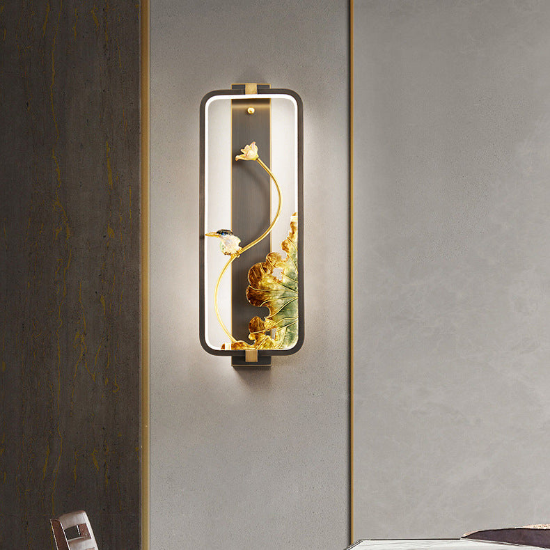 Chinese Copper Rectangular Frame LED Wall Sconce Lamp