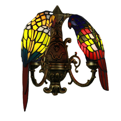 Tiffany Parrot Stained Glass 2-Light Wall Sconce Lamp