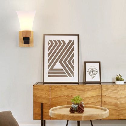 Quadrangular Solid Wood Iron Glass 1-Light Wall Sconce Lamp
