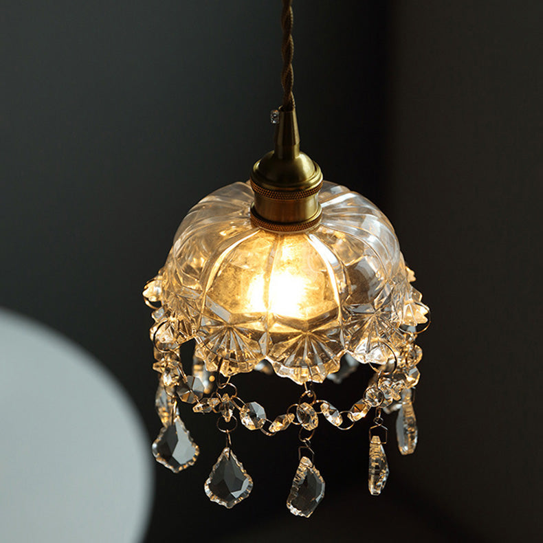 Round Carved Brass Glass Crystal 1-Light Pendant Light