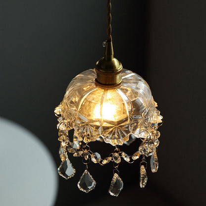 Round Carved Brass Glass Crystal 1-Light Pendant Light