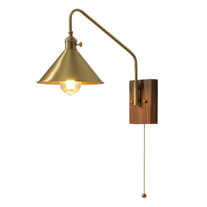 Retro Brass Walnut Conic 1-Light Wall Sconce Lamp