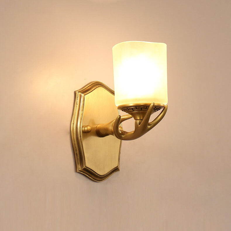 European Antler Brass Glass 1-Light Wall Sconce Lamp