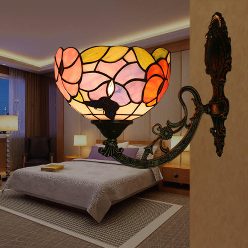 Tiffany Flower Stained Glass Dome 1-Light Wall Sconce Lamp