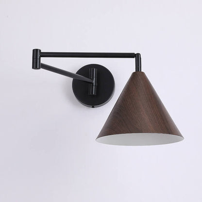 Nordic Minimalist Cone Swing Arm Wood Grain Wall Sconce