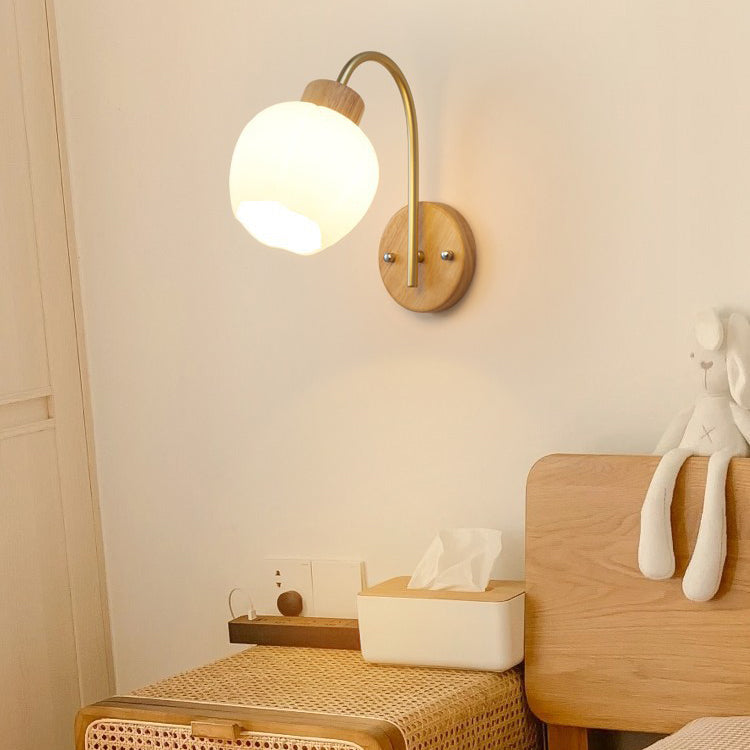 Bell Pleated Glass Shade Wood 1-Light Wall Sconce Lamp