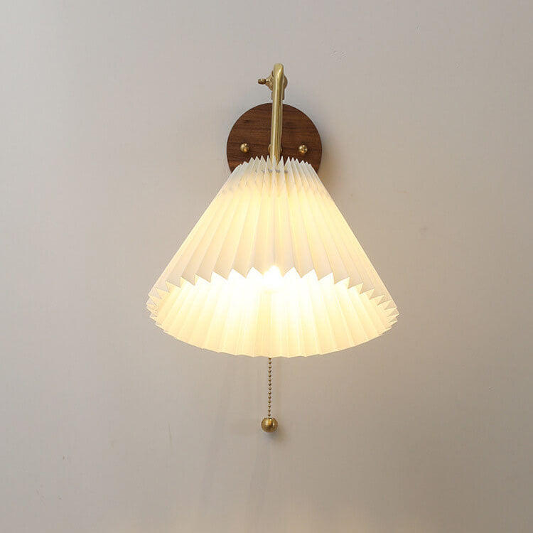 Vintage Walnut Brass Pleated Shade 1-Light Wall Sconce Lamp