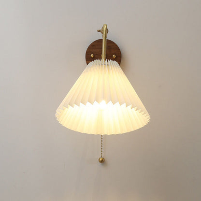 Vintage Walnut Brass Pleated Shade 1-Light Wall Sconce Lamp