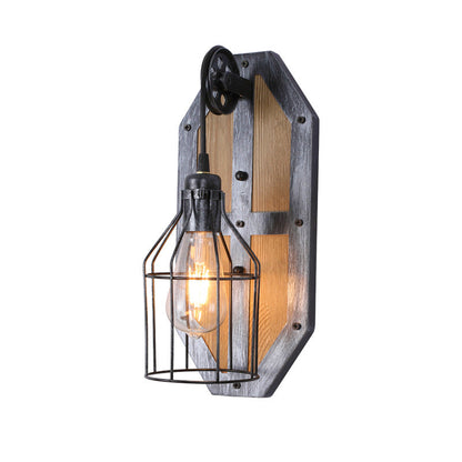 Industrial Pine Wood Iron Cage 1-Light Wall Sconce Lamp