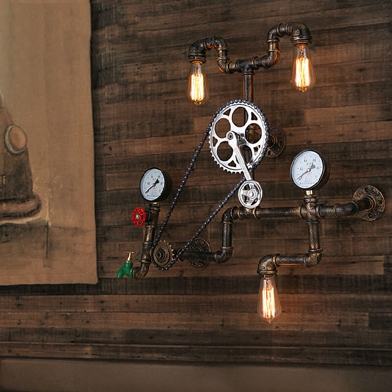 Industrial Iron Plumbing Gear 3-Light Wall Sconce Lamp