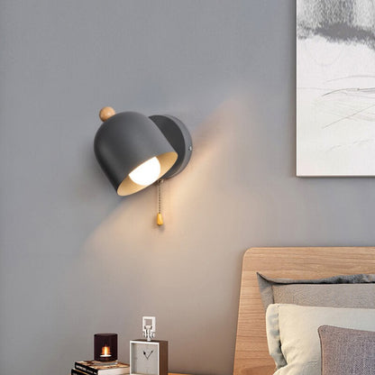 Rubberwood Shade Log Pull Cord 1-Light Wall Sconce Lamp