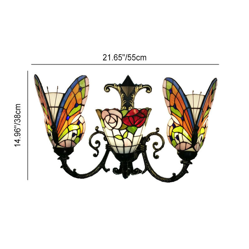 Tiffany Butterfly Alloy Iron Glass 3-Light Wall Sconce Lamp