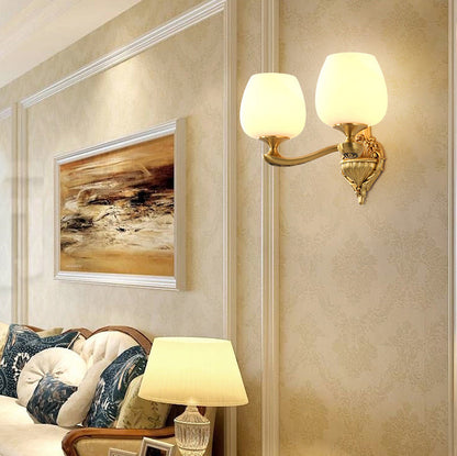 Brass Glass Cup Carving Base 1/2 Light Wall Sconce Lamp