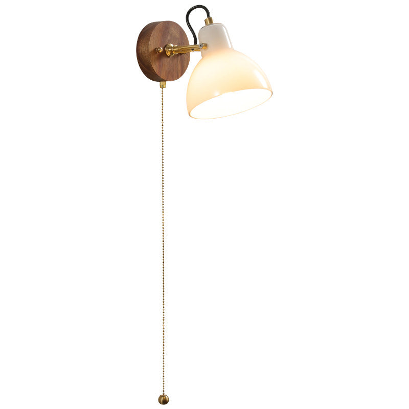 Simplicity Wood Glass Round Conic 1-Light Wall Sconce Lamp
